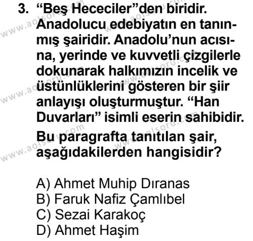 Türk Edebiyatı 8 Dersi 2012 - 2013 Yılı Ek Sınav Soruları 3. Soru