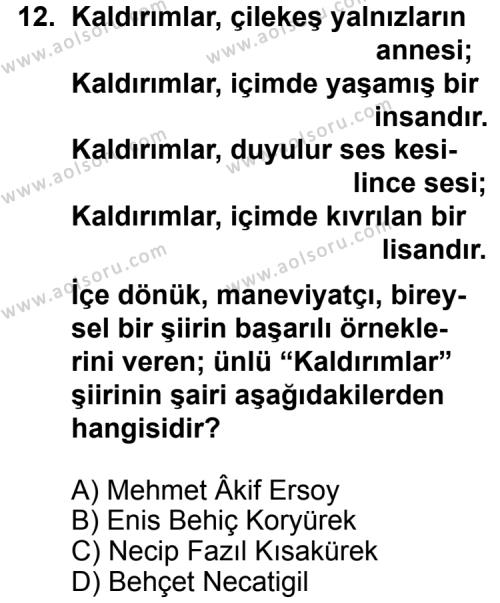 Türk Edebiyatı 8 Dersi 2013-2014 Yılı 3. Dönem Sınavı 12. Soru