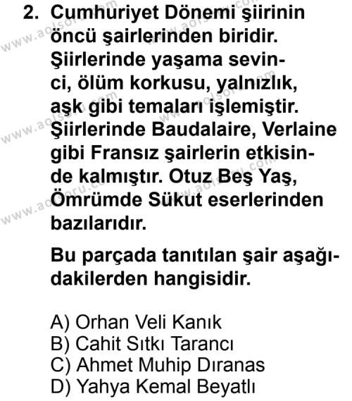 Türk Edebiyatı 8 Dersi 2014 - 2015 Yılı 1. Dönem Sınav Soruları 2. Soru