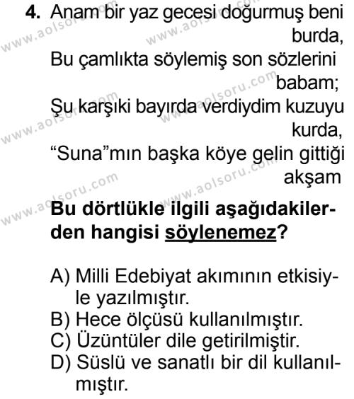 Türk Edebiyatı 8 Dersi 2014 - 2015 Yılı 2. Dönem Sınav Soruları 4. Soru
